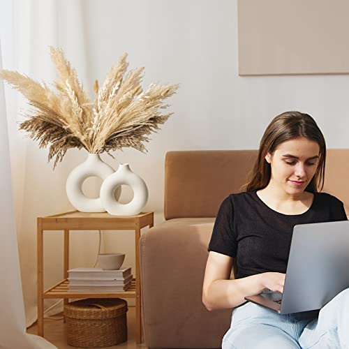 White Ceramic Vase Set Of 2 For Modern Home Decor, Round Boho Donut Vase With Pampas Grass, Neutral Minimalist Vase For Dining Room Table Centerpiece Dining Room, Living Room, Wedding Table Decoration #TOP3