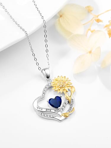 Sunflower Birthstone Necklaces for Women 925 Sterling Silver You Are My Sunshine Heart Pendant Necklace Anniversary Birthday Jewelry Gifts for Mom Wife Her3