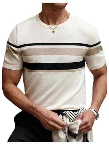 Men's Color Block Short Sleeve Sweaters Crew Neck Knit Pullover Tops Summer Knitwear