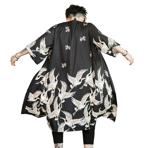 Men's Loose 3/4 Wide Sleeve Kimono Drop Shoulder Longline Yukata Robe Gown Tops Shirt Haori Coat Retro3