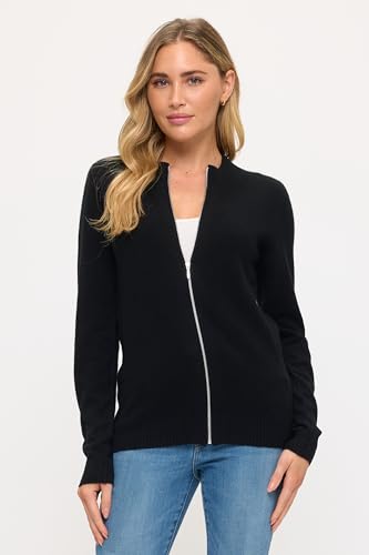 Image of Women's 100% Cashmere Soft Long Sleeve Crew Neck Open Zip Cardigan
