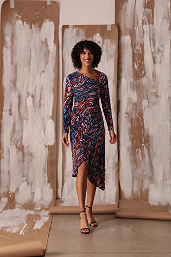 Maggy London Women's Long Sleeve Asymmetric Neck And Hem Dress, Navy/Tangerine/Peri #TOP6