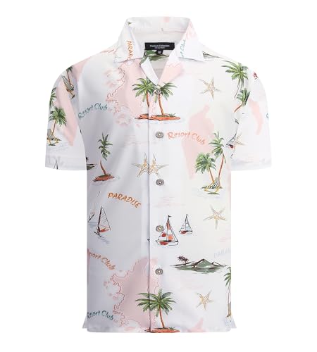 Damipow Boy's Hawaiian Shirt Short Sleeve Button Down Kids Beach Vacation Shirts Tropical Summer Tops,White Palmtree,8 Years