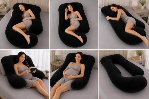 Image of Full Body Pillows for Sleeping Cooling Pregnancy Pillow,U Shaped Pregnancy Body Pillow for Women,Maternity Pillows for Pregnant Women & Removable Washable Velvet Cover Black
