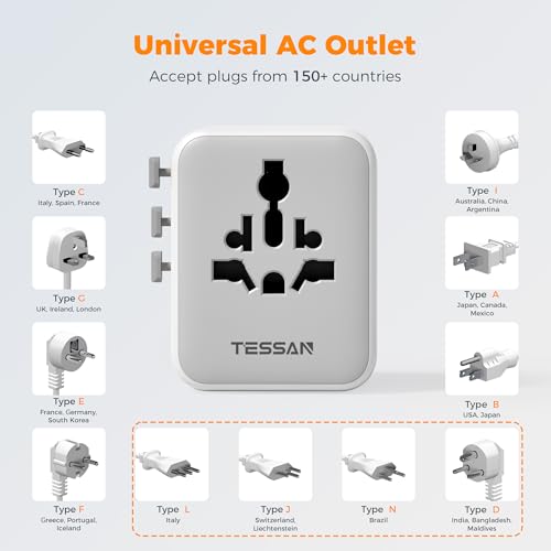 Image of TESSAN Universal Travel Adapter, Power Adapter Worldwide | Extra 2 Prong AC Outlet, 4 USB Ports (2 USB C), US to Europe Italy UK Australia Ireland, Type C G A I