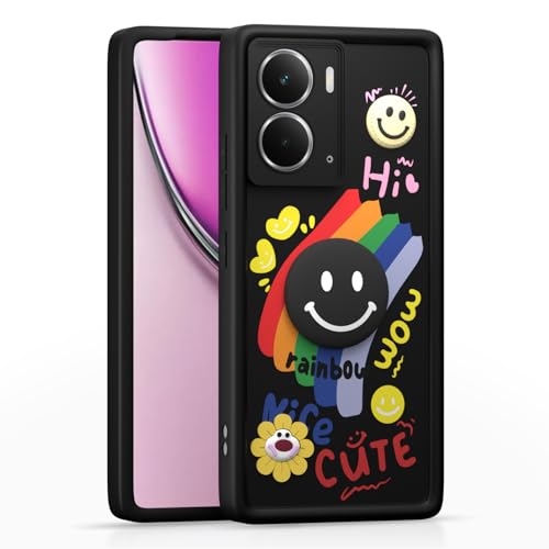 Image of Pikkme Back Cover for Realme P3 5G | Soft Silicone| Cute Rainbow Smile & 3D Cartoon Flower Design | Shockproof Raised Camera Protection Bumper Case (Black)