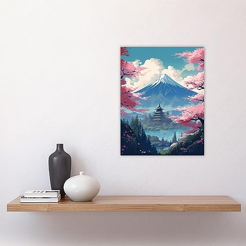 Artery8 UFUBMDJ002160 Japanese Temple On Mount Fuji Lake Painting Green Blue Pink Cherry Blossom Trees Blooming In Tranquil Forest Landscape Unframed Wall Art Print Poster Home Decor Premium thumb #3