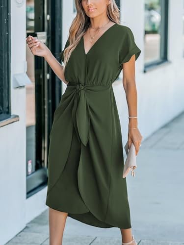 Image of CUPSHE Women's V Neck Wrap Dress Twisted Slit Pleated Waist Tie Short Sleeve Summer Midi Dresses