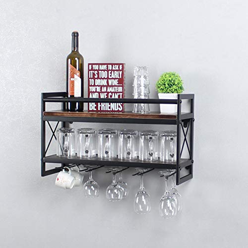 OISSIO Industrial Stemware Rack,Wine Rack Wall Mounted with Wood Shelves,2 Tier Stemware Storage with 5 Stem Glass Holder for Wine Glasses,Mugs,Home Decor,Retro Black(24 inch)
