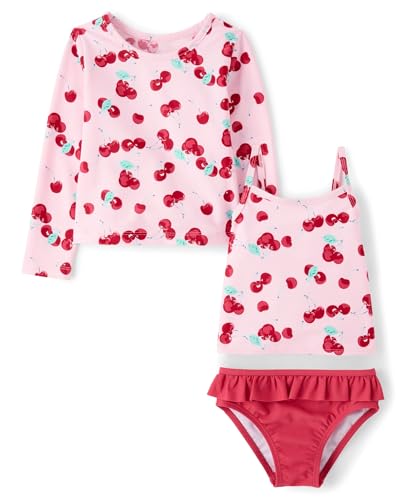 The Children's Place,Baby Girls,and Toddler Long Sleeve Rashguard and Tankini Swimsuit, 3 Piece Set,Cherries,12 Months,18 Months