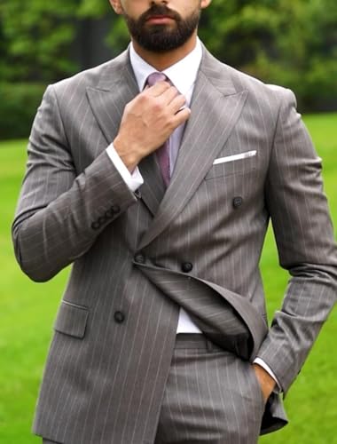 Mens Double Breasted Pinstripe Suit 2 Piece Set Business Formal Wedding Striped Slim Fit Suits for Men4