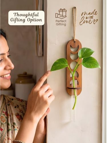 Image of Bombay Greens Lunar Wall Hanging Planter with Wooden Holder & Rope | Test Tube Hanging Planter | Wooden Stand for Home Decor, Living Room, Balcony & Office Decoration