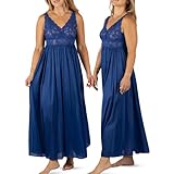 Shadowline Women’s Navy Long Lace Bodice Nightgown  |  (1X), 53” Length Sleeveless Gown  |  Elegant Sleepwear Crafted from Lightly-Shimmering Satintrique Nylon and Soft Stretch lace.
