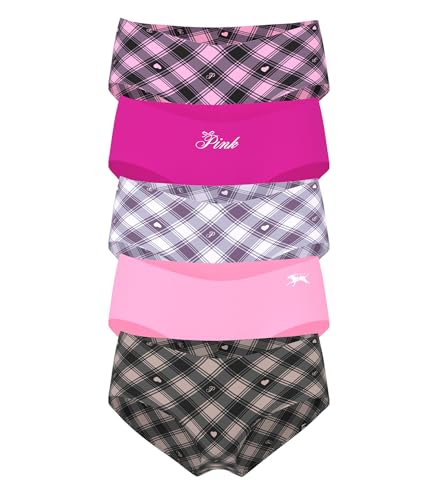 Victoria's Secret PINK Women's No Show Cheeky Underwear,Heritage Pink Plaid Pack (M)