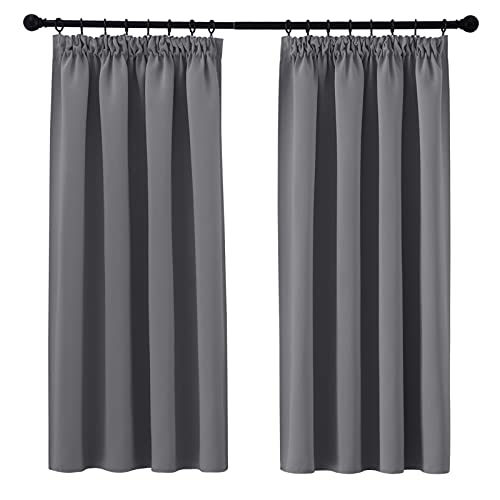 PONY DANCE Pencil Pleat Blackout Curtains Grey Thermal Insulated Curtains 46×54 Inch Drapes for Bedroom, Kitchen, Short Window Curtains with Hooks for Track Rail, W46 X L54, 2 Panels