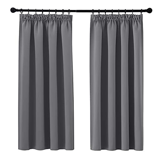 PONY DANCE Pencil Pleat Blackout Curtains Grey Thermal Insulated Curtains 46x54 Inch Drapes for Bedroom, Kitchen, Short Window Curtains with Hooks for Track Rail, W46 X L54, 2 Panels