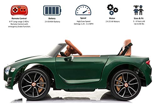 Rock Wheels Licensed Bentley EXP12 Kids Ride on Toy Car, 12V Battery Powered Children Electric 4 Wheels w/ Parent Remote Control, Foot Pedal, 2 Speeds, Music, Aux, LED Headlights (Green)