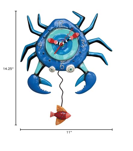 Enesco Allen Designs Crab with Big Claws and Fish Sculpted Pendulum Wall Clock, 14.25 Inch, Blue