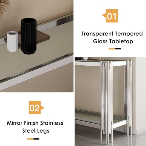 Minheola GLASS CONSOLE TABLE Modern Entryway Table With Silver Stainless Steel Leg, 2-Tier Narrow Console Table With Storage, Long Sofa Table Behind Couch,Hallway Table For Living Room Foyer Entrance thumb #4