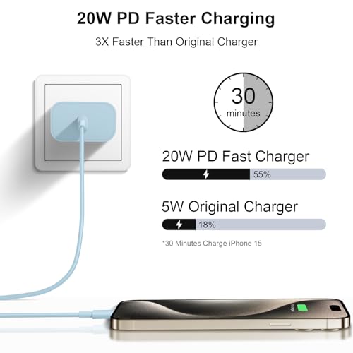 Image of iPhone 17 16 15 Charger Fast Charging 6FT - 20W USB C Charger Block with 6FT Type C to C Cable Compatible with iPhone 17 /17 Pro /17 Pro Max /Air /16 /16e /15, iPad Pro, iPad Air (Blue)