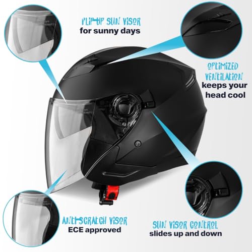 VINZ Calobra Jethelm mit Sonnenblende und Visier | Roller Helm Motorradhelm | ECE 22.06 Zertifiziert | in Gr. XS-XXL - Mattschwarz
