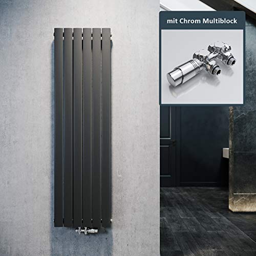 ELEGANTE Termoarredo Design Flat 1600 x 462 mm con Termostato Multiblocco Cromato, Radiatore Piatto Singolo Strato Verticale Attacco Centrale