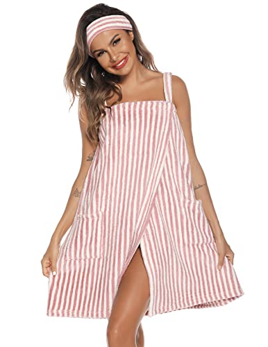 Veseacky Women Bath Wrap Towel for Womens Shower with Pocket Adjustable Spa Robe & Facial Headband