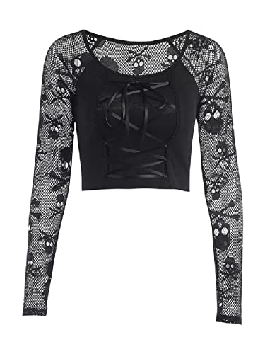 Goth Knitted T Shirt Women Skull Mesh Patchwork Corset Crop Tops Black Y2K Punk Aesthetic Summer Basic Tops
