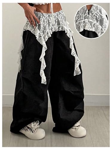 GORGLITTER Women's Y2k Baggy Wide Leg Pants Floral Lace Ruffle Zip Up Parachute Pants Oversized Vintage Trousers 20254