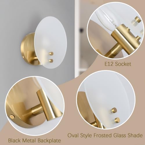 Image of Modern Candle-Inspired Brass Wall Sconces, Room Decor Wall Light Fixture with Oval Style Frosted Glass Shade, Wall Mount Light, Wall Lamp for Bedroom,Living Room, Bedside, Bathroom