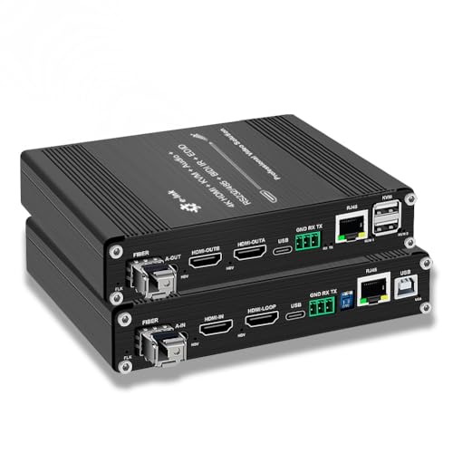 Elenzk - Extensor de fibra HDMI multifunción 4K a 60Hz con KVM, 20 KM por módulo LC SMF SFP, compatible con salida HDMI dual, RS232, Ethernet de 10/100M, audio, EDID, IR, Plug & Play, USB-C para una
