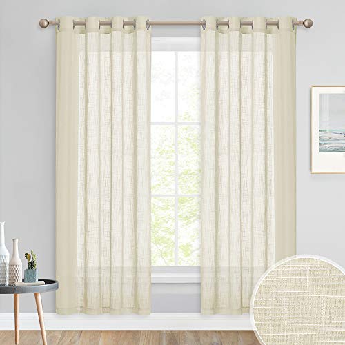 PONY DANCE Voile Curtains with Eyelets - Faux Linen Privacy Sheer Panels Semi-transparent Window Covering Nets for Kitchen/French Door/Indoor, 1 Pair, 52-inch W x 72-inch L, Beige Cream