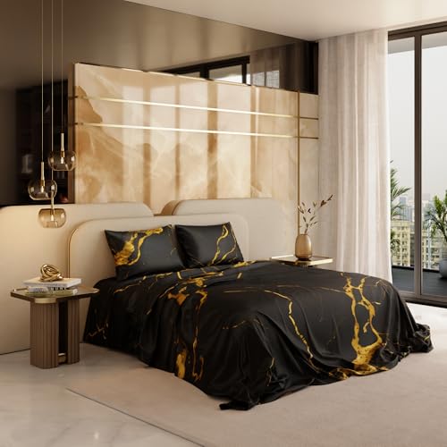 Image of Stoa Paris 300TC UltraSatin King Size Bedsheet with 2 Pillow Covers, Hypoallergenic, Breathable, Gentle On Skin & Hair, Fade & Wrinkle Resistant, Wedding Gift for Couples, Louvre - Black, Gold