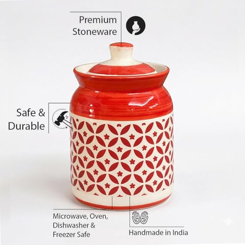Image of D'Maiolica Pickle Jars in 1000ml (set of 2) | Handpainted Floral Pattern 1 kg Achaar Martban | Ceramic Container Set for Kitchen Storage (Pack of 2) (Crafted Geomatric Pattern)