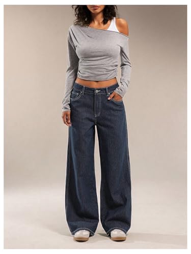 OYOANGLE Women's Striped Wide Leg Jeans Casual Denim Baggy Low-Rise Pants with Pocket3