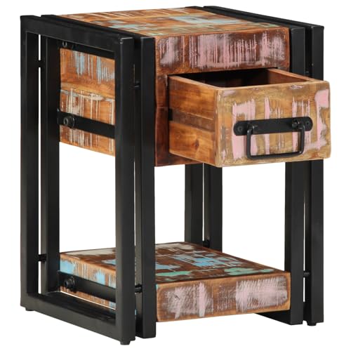 vidaXL Mesita de Noche Multicolor de Madera Reciclada con Patas de Hierro Recubiertas, 1 Cajón y Estante, Mesita Moderna para Dormitorio, Tamaño Compacto 40Cm X Almacenamiento Interior