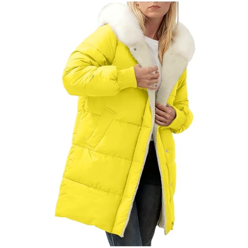 Gubsssl Daunenmantel Damen Warme Winterjacke Lang Steppmantel Pufferjacke Elegant Sportjacke Abnehmbarer Pelzkragen Daunenjacke Winter Jacke Frauen Wintermantel Dick Mantel Outdoorjacke Gelb XL