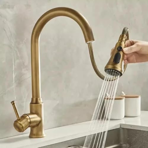 Antique Brass Pull Out Kitchen Tap Vintage Style with 360Â�