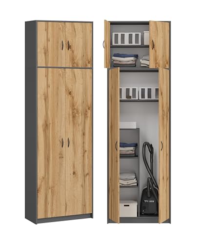 KUBUTKU Armoire Haute Multi-usages - Armoire Pratique pour aspirateur Balai - 235 x 74 x 35 cm (Graphite/Chêne Wotan)