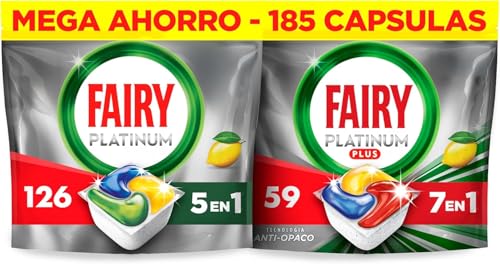 Fairy Platinum Limón, Cápsulas De Lavavajillas Todo En Uno, 126 Cápsulas + Fairy Platinum Plus 59 Cápsulas,Para Los Restos Más Difíciles,Limpia Incluso La Grasa De Los Filtro(El embalaje puede variar)