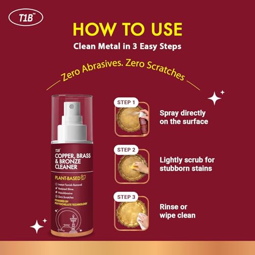 Image of T1B | India's 1st Concentrated Plant-Based Copper, Brass & Bronze Cleaner Spray | Tarnish, Oxidation & Stain Removal | Suitable for Utensils, Idols, Diyas, Cookware 150 (Pack of 3)