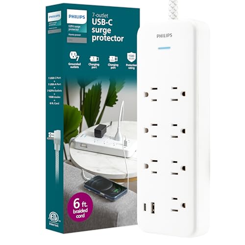 Philips Surge Protector Power Strip with USB Ports 6 Ft Braided Extension Cord with Multiple Outlets 1500 Joules 7 Outlet Extender 1 USB-A 1 USB-C Flat Plug White SPP3983W/37