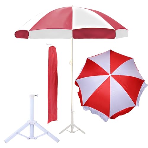 Image of ORILEY Garden Umbrella with Stand Foldable Big Size (7ft Height 42 Inch Rib Arm) Heavy Duty Waterproof Rain & UV Sun Protection Outdoor Patio for Balcony Shedding Cantilever & Lawn (Red & White)