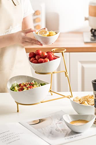 Lauchuh 3 Tier Serving Stand Chip And Dip Serving Set Pocerlain Oval Bowl Set With Stand White Serving Bowl For Entertaining Tiered Tray Decor For Countertop Gold #TOP4