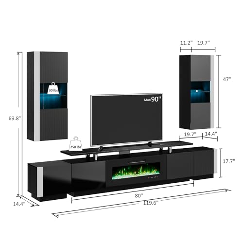 AMERLIFE Wall Unit Entertainment Center with Fireplace and Storage, Includes 80" 2-Tier Fireplace TV Stand, 2 x Wall Cabinets & 2 x End Tables, Modern LED Lights TV Console for Living Room, Black