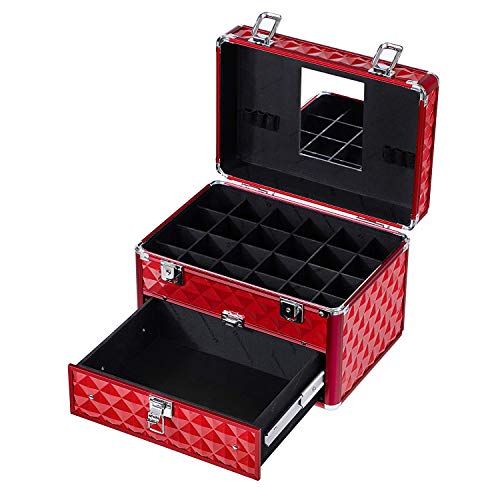 Makeup Train Case with 24 compartments Nail polish storage and 1 Drawer Professional Organizer Beauty Vanity Makeup Case with Mirror Portable Cosmetic Holder Red