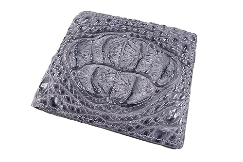 Genuine Crocodile Alligator Head Bump Skin Leather Soft & Slim Bifold Wallet (6 Card Slots + 2 ID Windows + 2 Compartments for Bills, Traffic Grey)