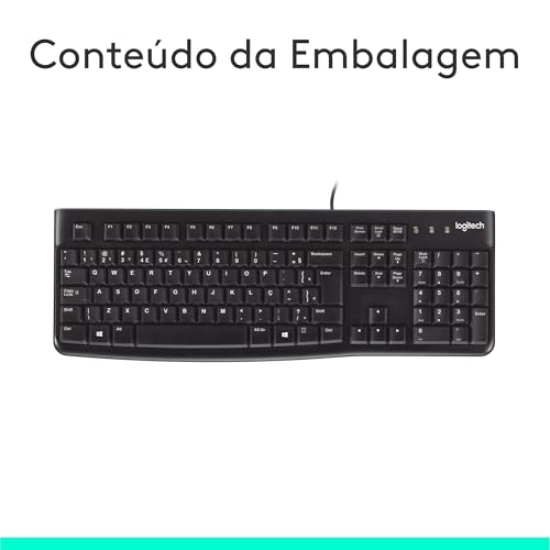 Teclado com fio USB Logitech K120, Resistente à Respingos, Barra de Espaço Curva, Compatível com PC e Notebook, Layout ABNT2 glide