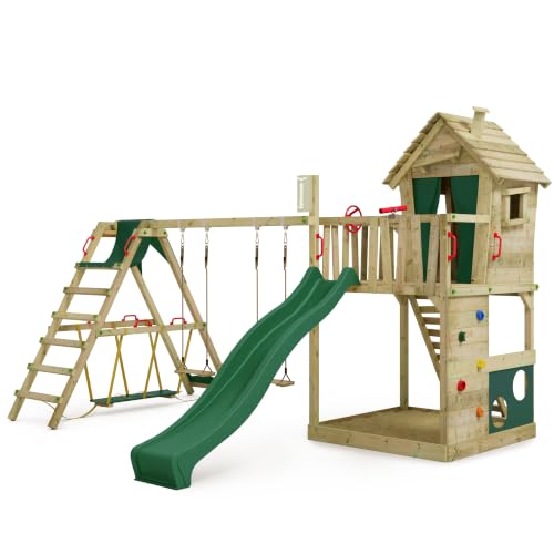 FATMOOSE Spielturm HappyHome Hot XXL mit SurfSwing, grün – aus Holz, für Kinder im Garten