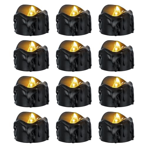 Windshell Battery Operated Black LED Tea Lights with 6H Auto Timer, 12 Pack